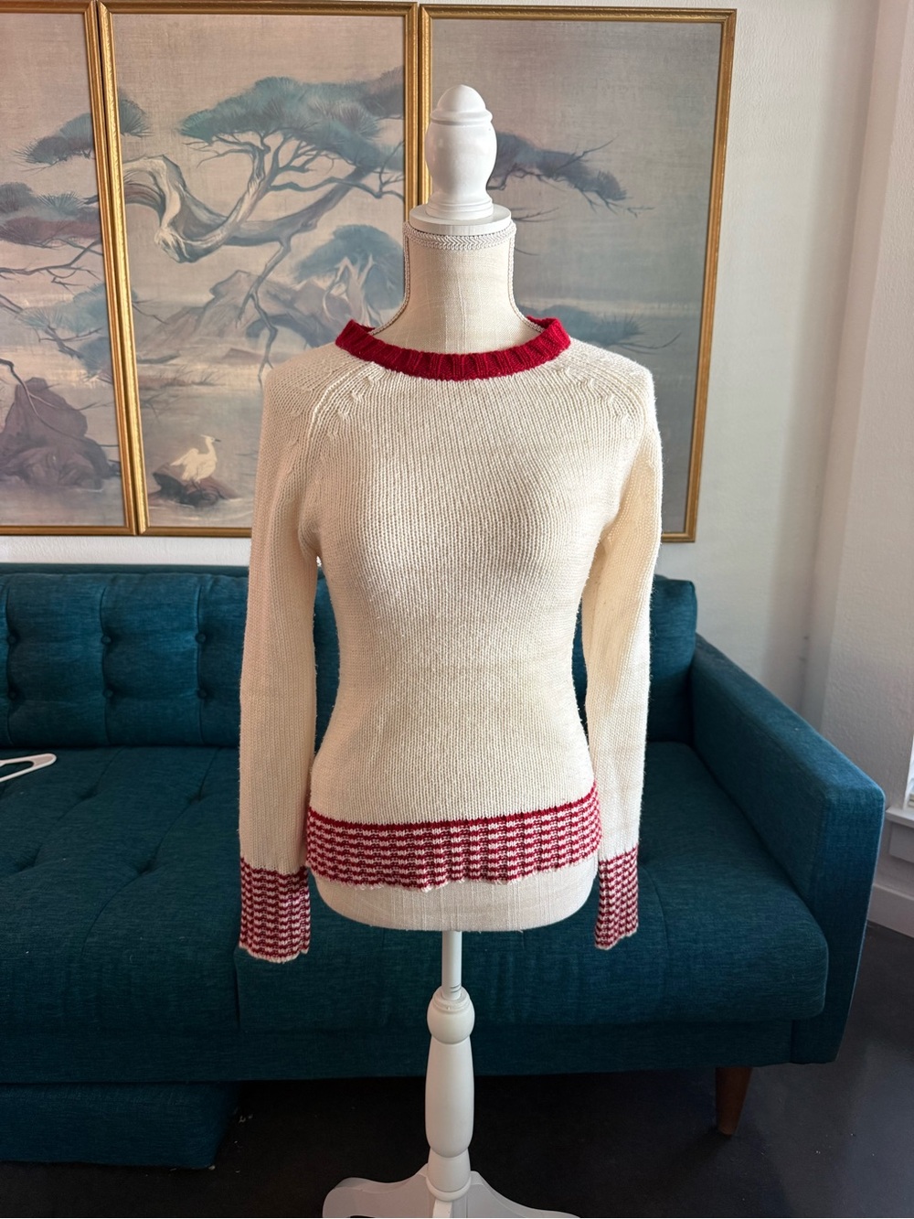Grane Cream Knit Sweater with Red Trim